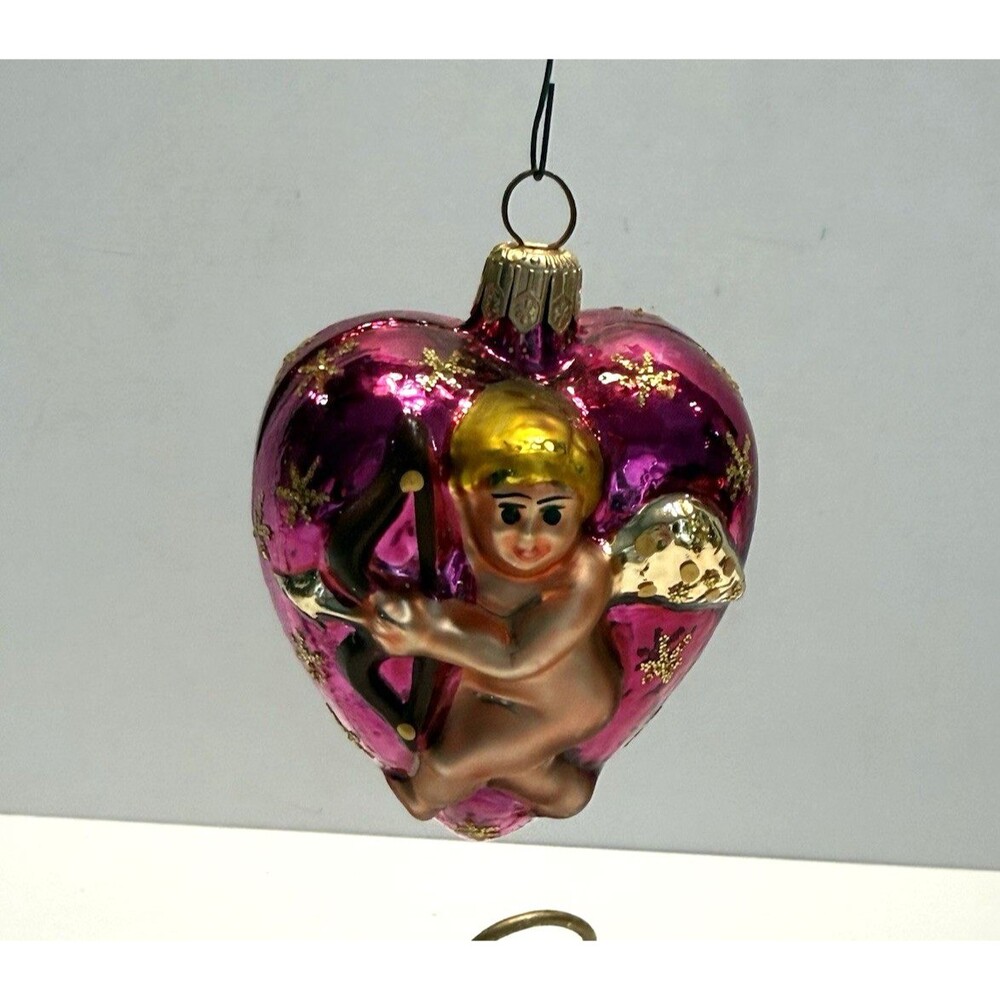 Christopher Radko  Be My Valentine Cupid Pink Heart Blown Glass Ornament NO BOX
